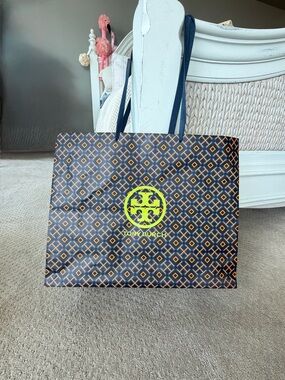 Tory Burch Navy Tote with Orange Geometric Print & Neon Yellow Logo
